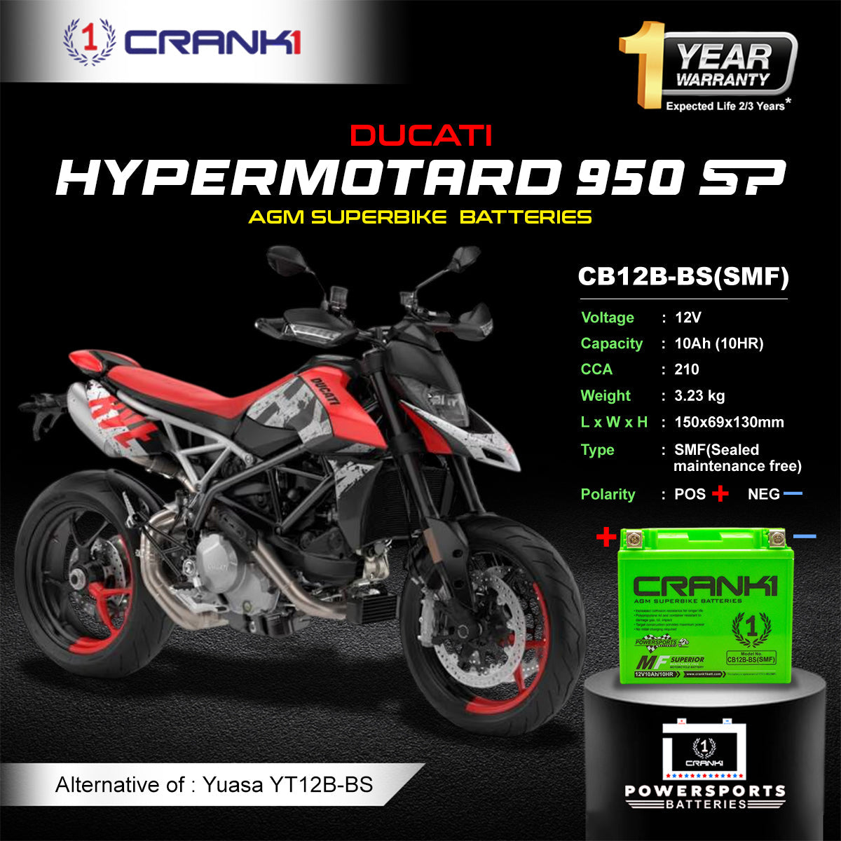 Crank1 Battery For Ducati Hypermotard 950 SP (2016-2025)- CB12B-BS - Factory Activated