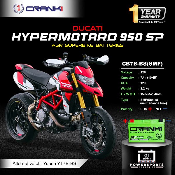 Crank1 Battery For Ducati Hypermotard 950 SP (2022-2025)- CB7B-BS - Factory Activated