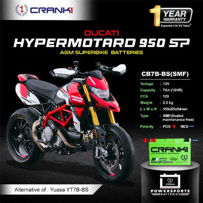 Crank1 Battery For Ducati Hypermotard 950 SP (2022-2025)- CB7B-BS - Factory Activated