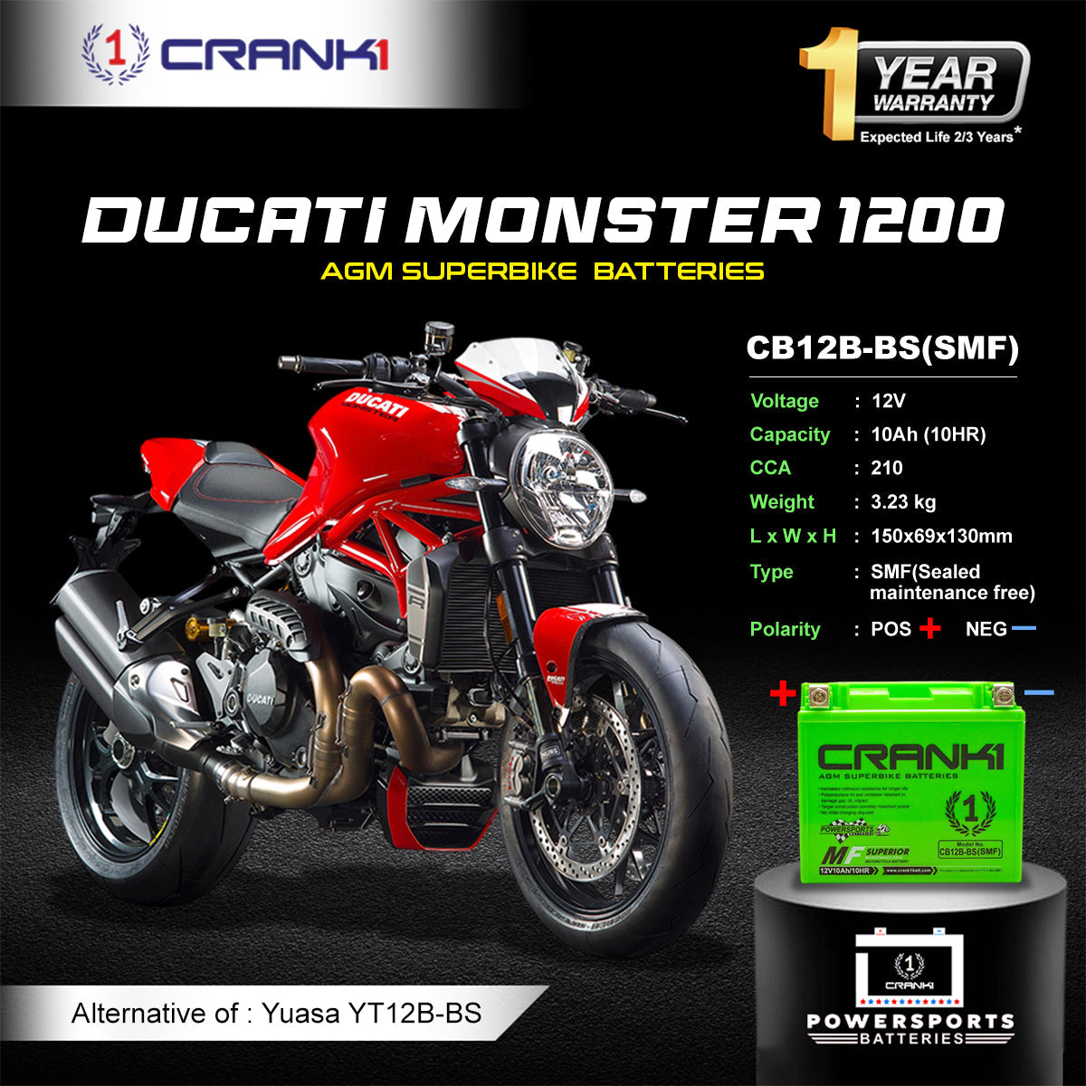 Crank1 Battery For Ducati Monster 1200 (2014-2025) - CB12B-BS - Factory Activated