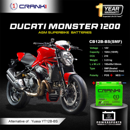 Crank1 Battery For Ducati Monster 1200 (2014-2025) - CB12B-BS - Factory Activated