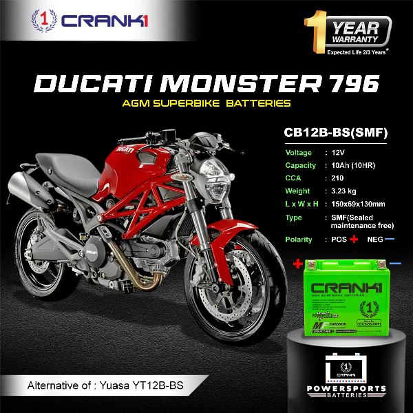 Crank1 Battery For Ducati Monster 796 (2010-2025) - CB12B-BS - Factory Activated