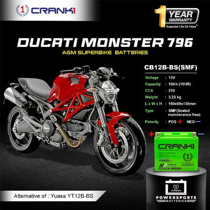Crank1 Battery For Ducati Monster 796 (2010-2025) - CB12B-BS - Factory Activated