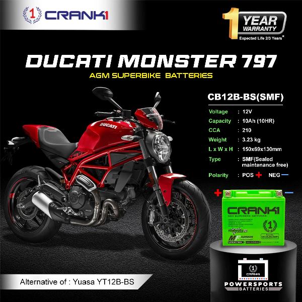 Crank1 Battery For Ducati Monster 797 (2017-2025)- CB12B-BS - Factory Activated