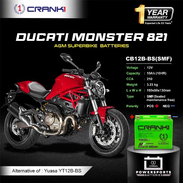 Crank1 Battery For Ducati Monster 821 (2021-2025)- CB12B-BS - Factory Activated