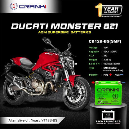 Crank1 Battery For Ducati Monster 821 (2021-2025)- CB12B-BS - Factory Activated