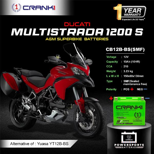 Crank1 Battery For Ducati Multistrada 1200 S- CB12B-BS - Factory Activated