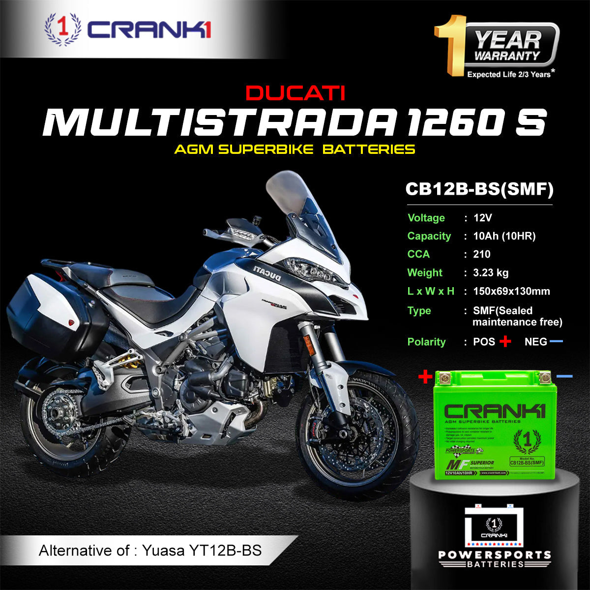 Crank1 Battery For Ducati Multistrada 1260 S (2010-2025)- CB12B-BS - Factory Activated