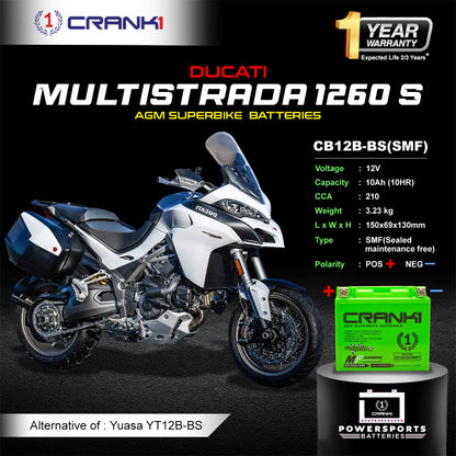 Crank1 Battery For Ducati Multistrada 1260 S (2010-2025)- CB12B-BS - Factory Activated