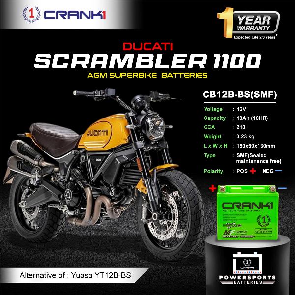 Crank1 Battery For Ducati Scrambler 1100 (2015-2025) - CB12B-BS - Factory Activated