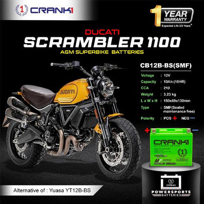 Crank1 Battery For Ducati Scrambler 1100 (2015-2025) - CB12B-BS - Factory Activated