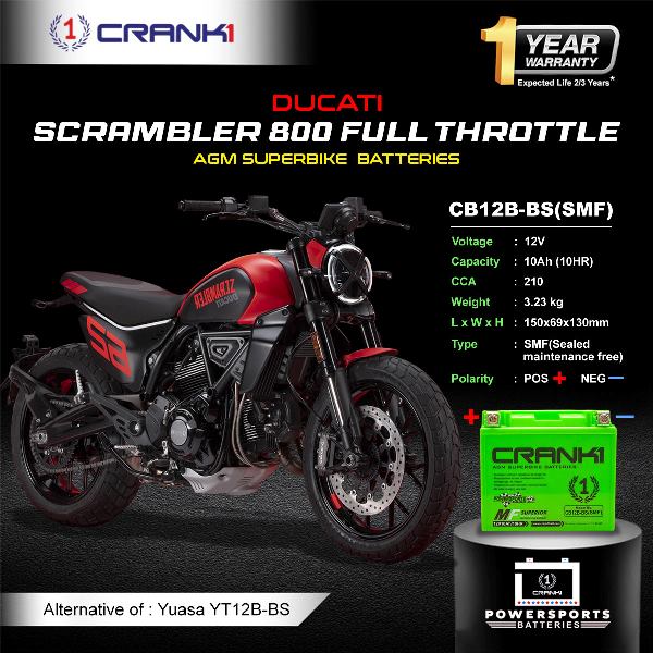 Crank1 Battery For Ducati Scrambler 800 Full Throttle (2015-2025) - CB12B-BS - Factory Activated
