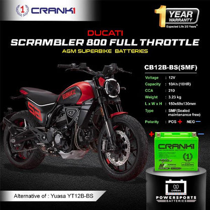 Crank1 Battery For Ducati Scrambler 800 Full Throttle (2015-2025) - CB12B-BS - Factory Activated
