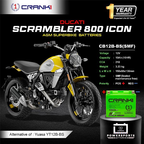 Crank1 Battery For Ducati Scrambler 800 Icon (2015-2025)- CB12B-BS - Factory Activated