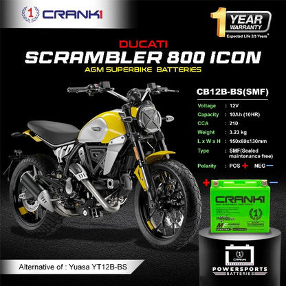 Crank1 Battery For Ducati Scrambler 800 Icon (2015-2025)- CB12B-BS - Factory Activated