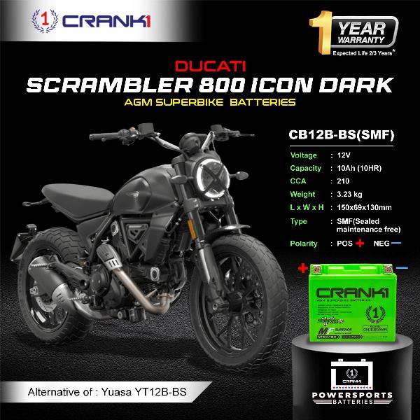Crank1 Battery For Ducati Scrambler 800 Icon Dark (2015-2025) - CB12B-BS - Factory Activated