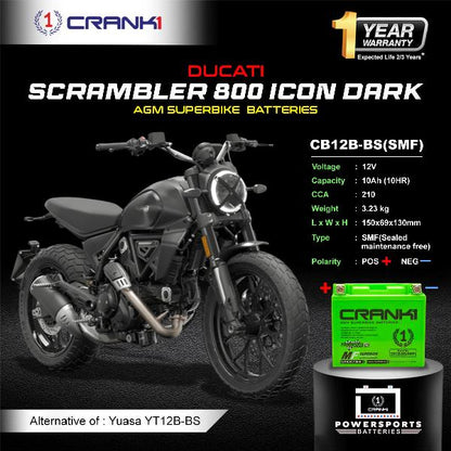 Crank1 Battery For Ducati Scrambler 800 Icon Dark (2015-2025) - CB12B-BS - Factory Activated