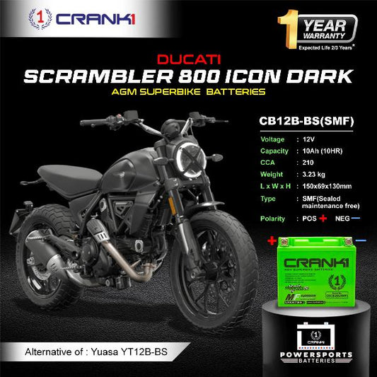 Crank1 Battery For Ducati Scrambler 800 Icon Dark (2015-2025) - CB12B-BS - Factory Activated