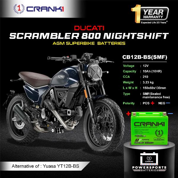 Crank1 Battery For Ducati Scrambler 800 Nightshift (2015-2025)- CB12B-BS - Factory Activated