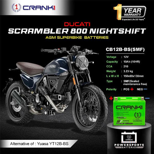 Crank1 Battery For Ducati Scrambler 800 Nightshift (2015-2025)- CB12B-BS - Factory Activated