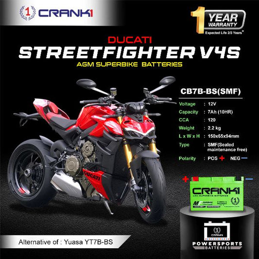 Crank1 Battery For Ducati Streetfighter V4S - CB7B-BS - Factory Activated