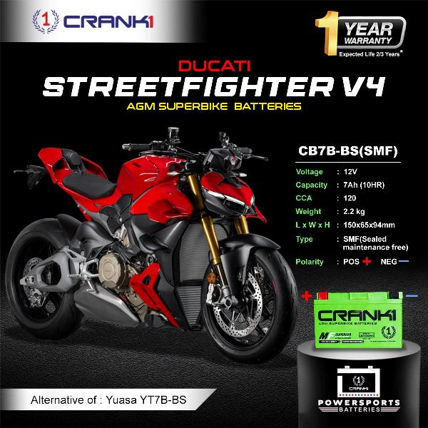 Crank1 Battery For Ducati Streetfighter V4 (2021-2025)- CB7B-BS - Factory Activated