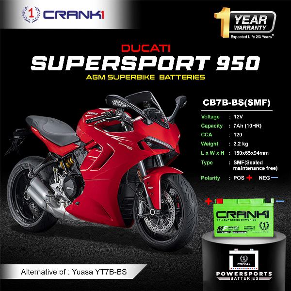 Crank1 Battery For Ducati SuperSport 950 (2021-2025)- CB7B-BS - Factory Activated