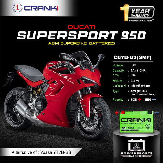 Crank1 Battery For Ducati SuperSport 950 (2021-2025)- CB7B-BS - Factory Activated