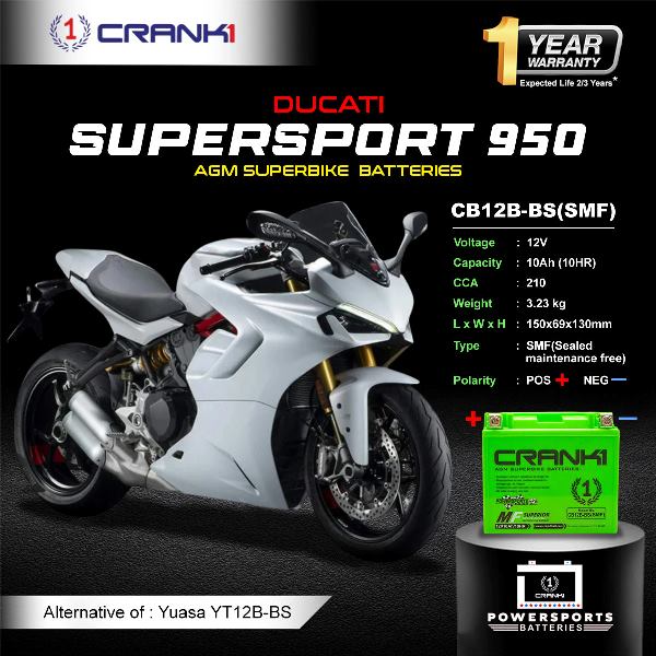 Crank1 Battery For Ducati Super Sport 950 (2017-2020)- CB12B-BS - Factory Activated