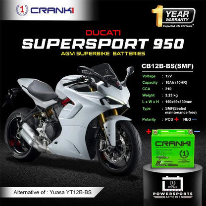 Crank1 Battery For Ducati Super Sport 950 (2017-2020)- CB12B-BS - Factory Activated