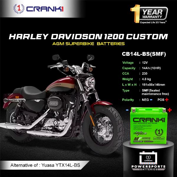 Crank1 Battery For Harley Davidson 1200 Custom (2010-2025) - CB14L-BS - Factory Activated