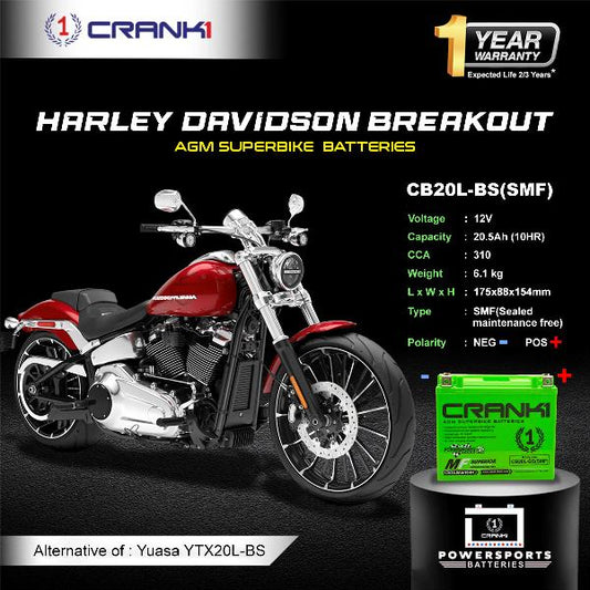 Crank1 Battery For Harley Davidson Breakout (2015-2025) - CB20L-BS - Factory Activated