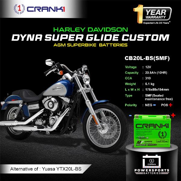 Crank1 Battery For Harley Davidson Dyna Super Glide Custom - CB20L-BS - Factory Activated