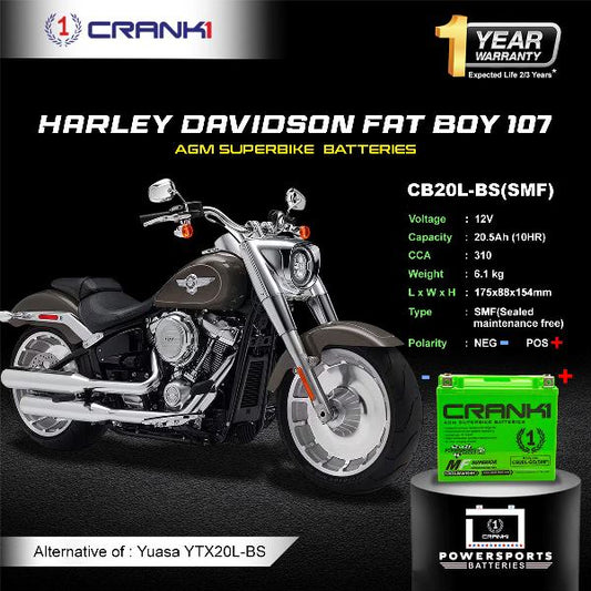 Crank1 Battery For Harley Davidson Fat Boy 107 (2018 Onwards) - CB20L-BS - Factory Activated