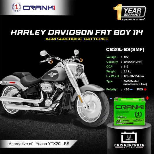 Crank1 Battery For Harley Davidson Fat Boy 114 (2018 Onwards)- CB20L-BS - Factory Activated