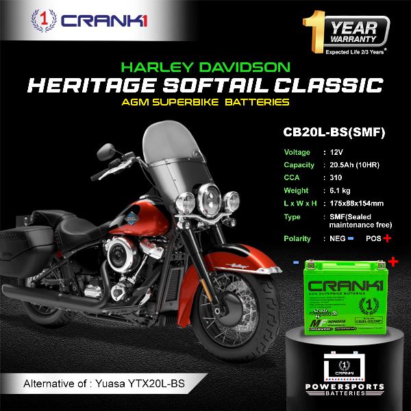 Crank1 Battery For Harley Davidson Heritage Softail Classic (2013-2025)-CB20L-BS - Factory Activated