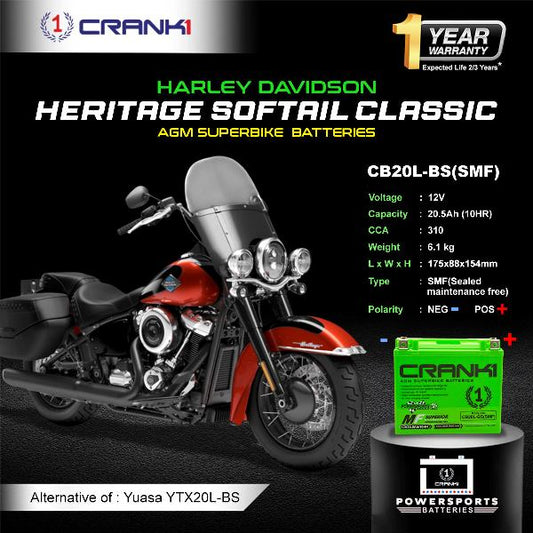 Crank1 Battery For Harley Davidson Heritage Softail Classic (2013-2025)-CB20L-BS - Factory Activated