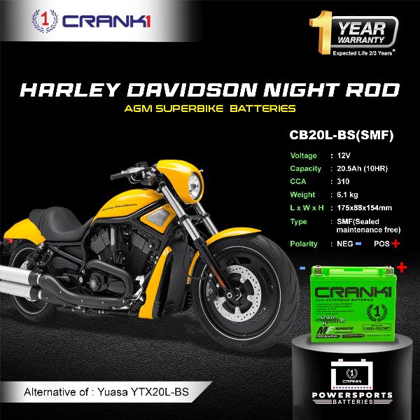 Crank1 Battery For Harley Davidson Night Rod (2012-2015)- CB20L-BS - Factory Activated