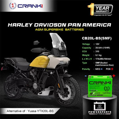 Crank1 Battery For Harley Davidson Pan America (2020-2025)- CB20L-BS - Factory Activated