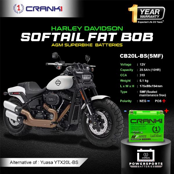 Crank1 Battery For Harley Davidson Softail Fat Bob (2008-2025) - CB20L-BS - Factory Activated