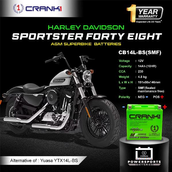 Crank1 Battery For Harley Davidson Sportster Forty Eight (2012-2025) - CB14L-BS - Factory Activated