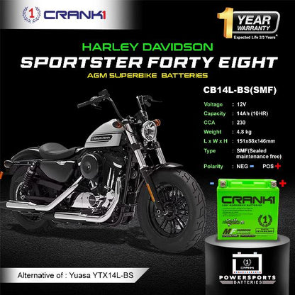 Crank1 Battery For Harley Davidson Sportster Forty Eight (2012-2025) - CB14L-BS - Factory Activated