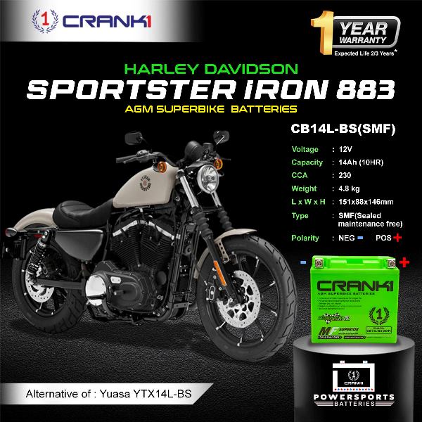 Crank1 Battery For Harley Davidson Sportster Iron 883 (2012-2025) - CB14L-BS - Factory Activated