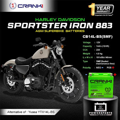 Crank1 Battery For Harley Davidson Sportster Iron 883 (2012-2025) - CB14L-BS - Factory Activated