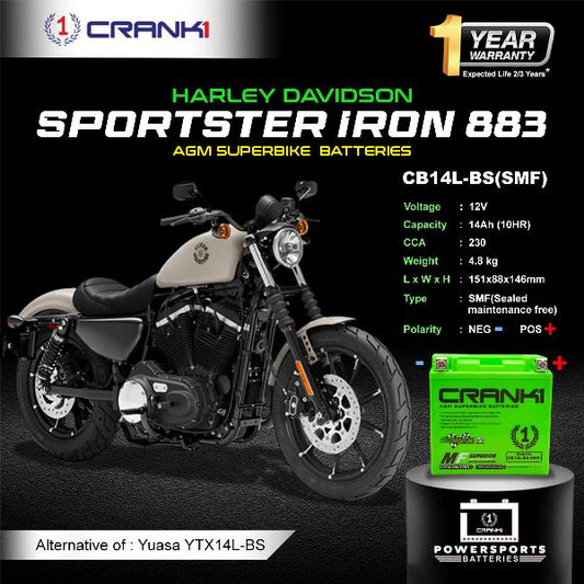 Crank1 Battery For Harley Davidson Sportster Iron 883 (2012-2025) - CB14L-BS - Factory Activated