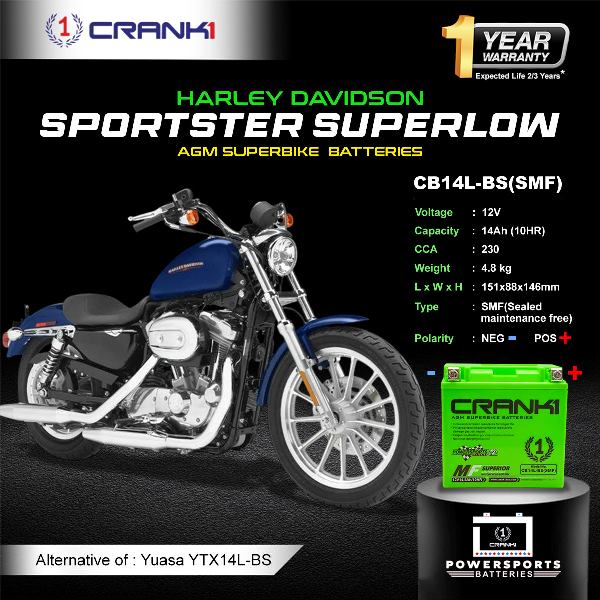 Crank1 Battery For Harley Davidson Sportster SuperLow (2010-2025) - CB14L-BS - Factory Activated