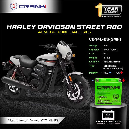 Crank1 Battery For Harley Davidson Street Rod (2011-2025) - CB14L-BS - Factory Activated