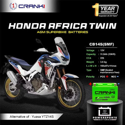 Crank1 Battery For Honda Africa Twin (2016-2017) - CB14S - Factory Activated