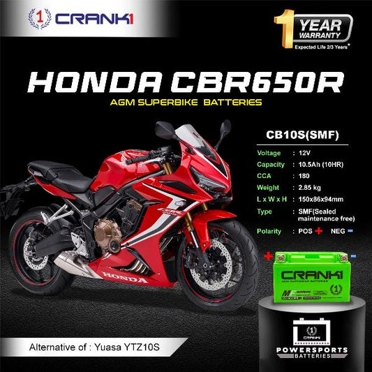 Crank1 Battery For Honda CBR650R (2010-2025) - CB10S - Factory Activated