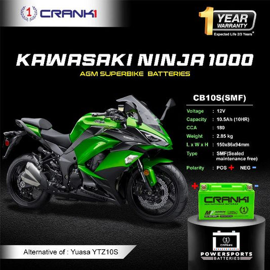 Crank1 Battery For Kawasaki Ninja 1000 (2010-2025) - CB10S - Factory Activated